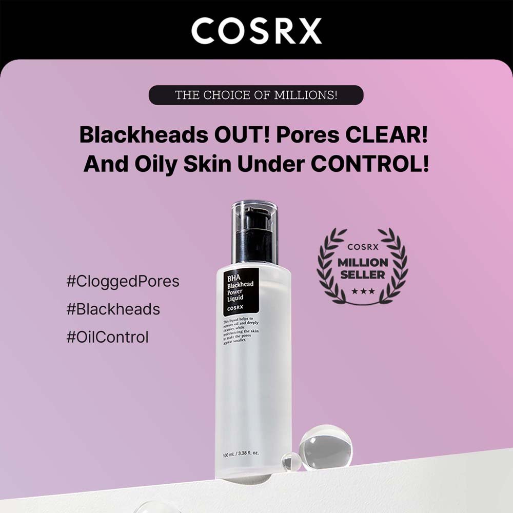 COSRX BHA Blackhead Power Liquid product bottle highlighting clear pores and oil control