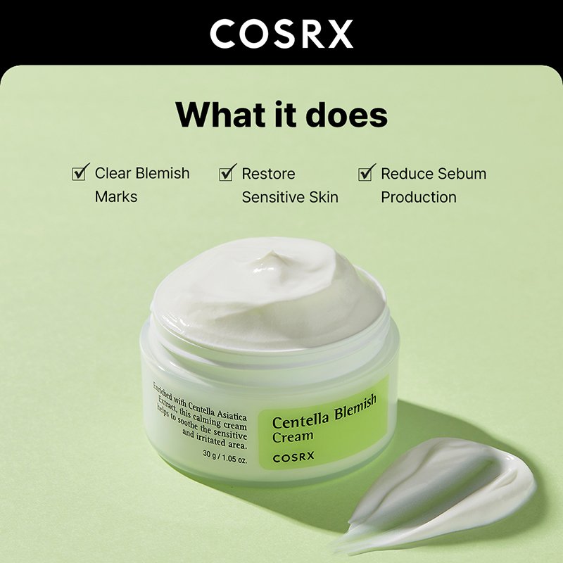 COSRX Centella Blemish Cream features showing blemish mark clearing and sebum reduction benefits