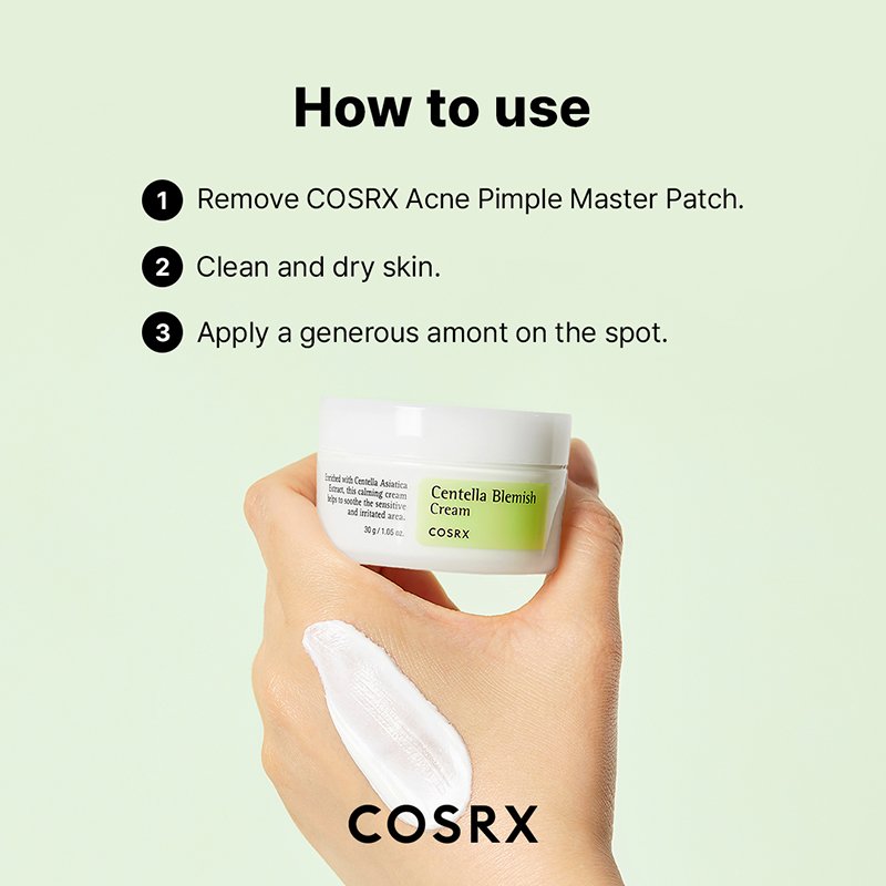 COSRX Centella Blemish Cream directions showing how to apply on spot after pimple patch