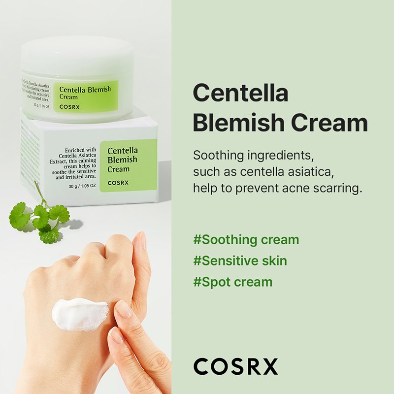 COSRX Centella Blemish Cream packaging details with soothing centella asiatica features