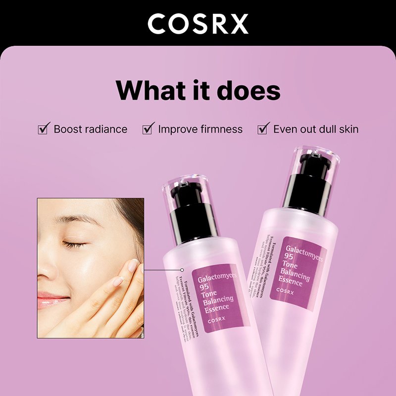 COSRX Galactomyces 95 Tone Balancing Essence benefits showing radiance boosting and firmness improvement
