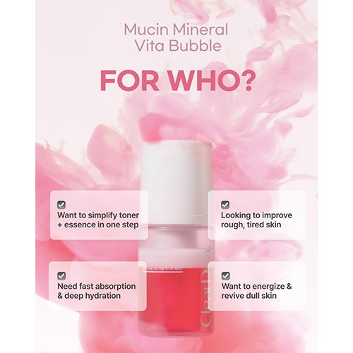 ClearDea product panel listing target skin concerns for Mucin Mineral Vita Bubble Essence