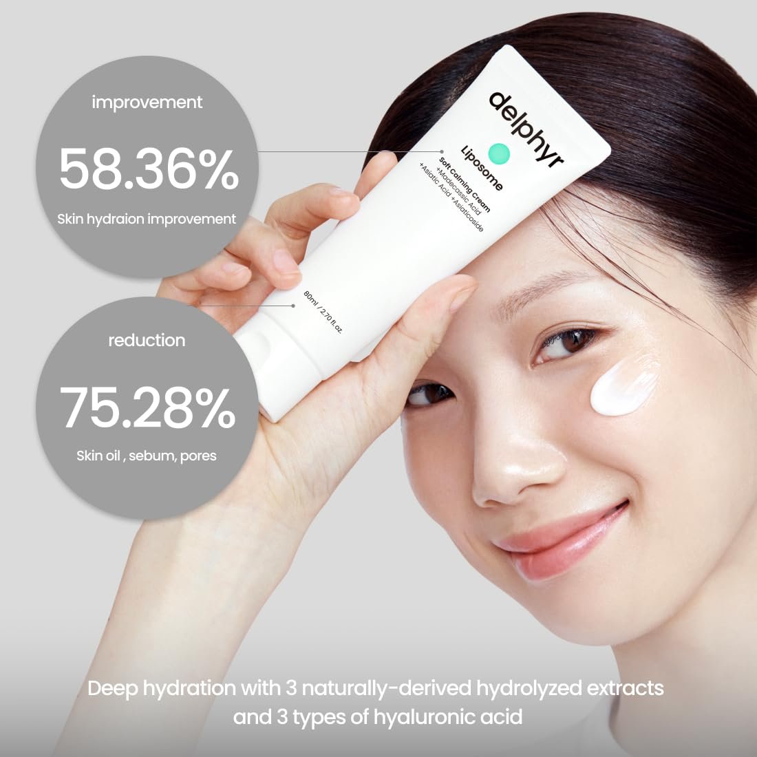 Delphyr product panel showing skin hydration improvement and key active ingredients