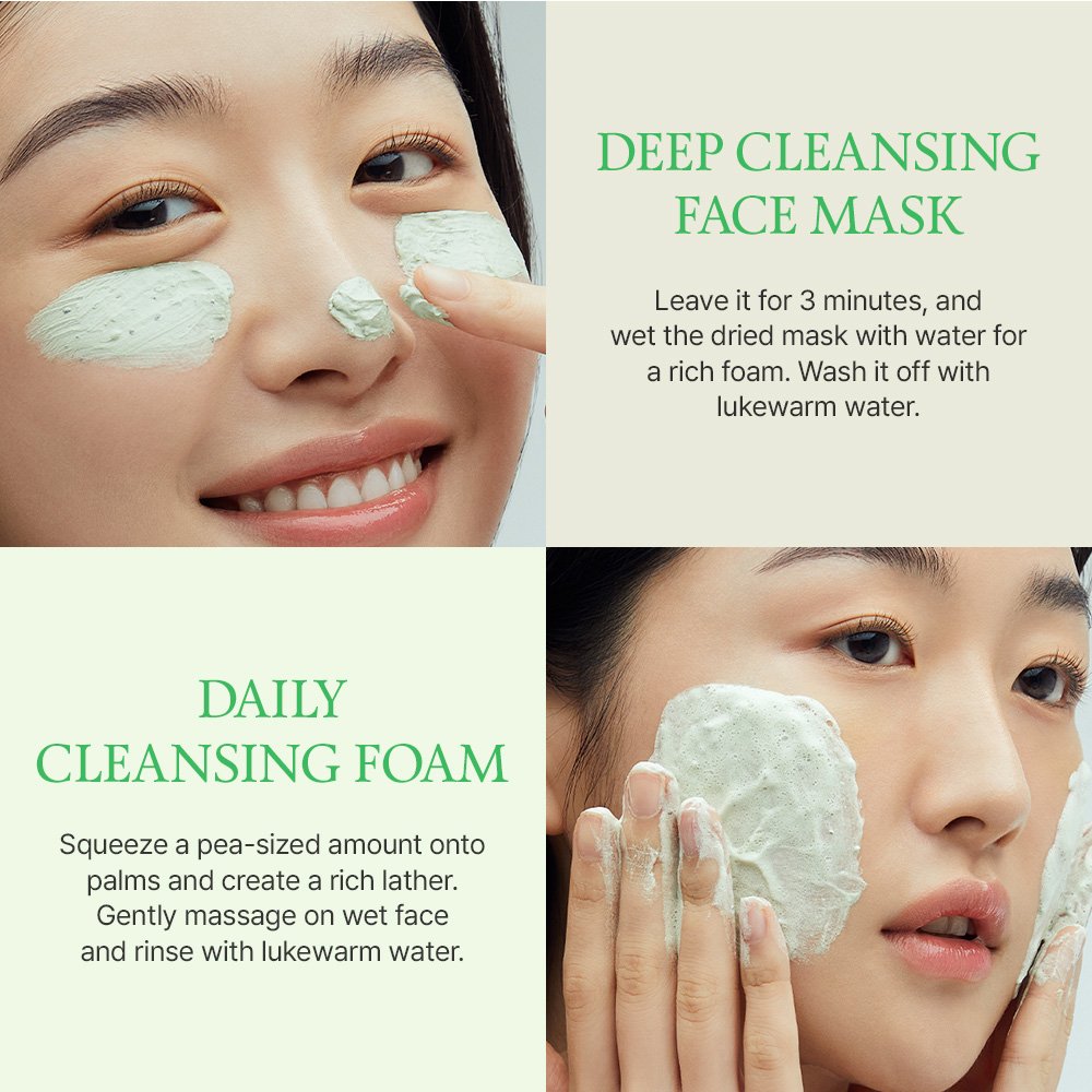 Diagram showing dual usage directions as a 3 minute deep cleansing mask and daily cleansing foam