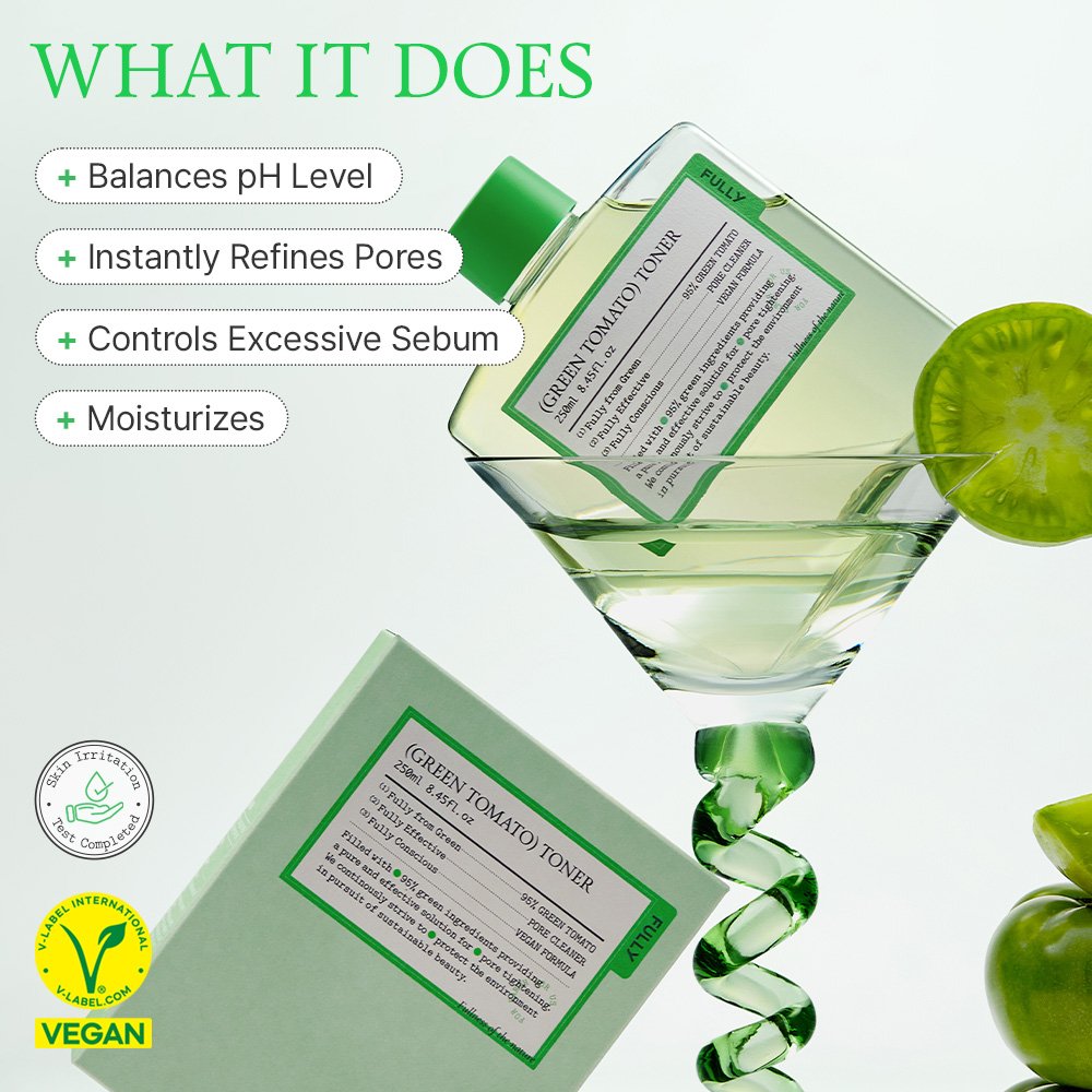 FULLY Green Tomato Toner bottle highlighting pH balancing and pore refining benefits