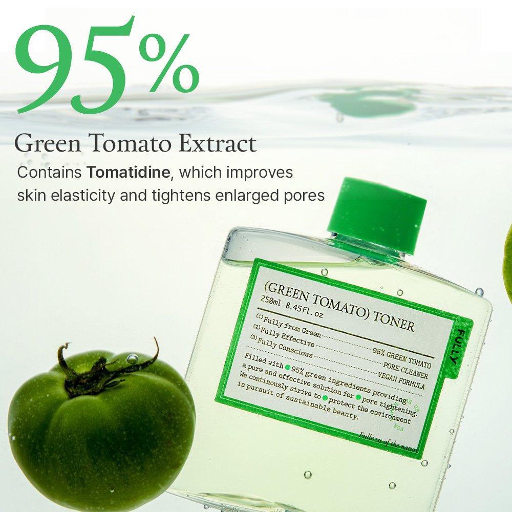 FULLY Green Tomato Toner feature graphic showing 95 percent Green Tomato Extract and Tomatidine info