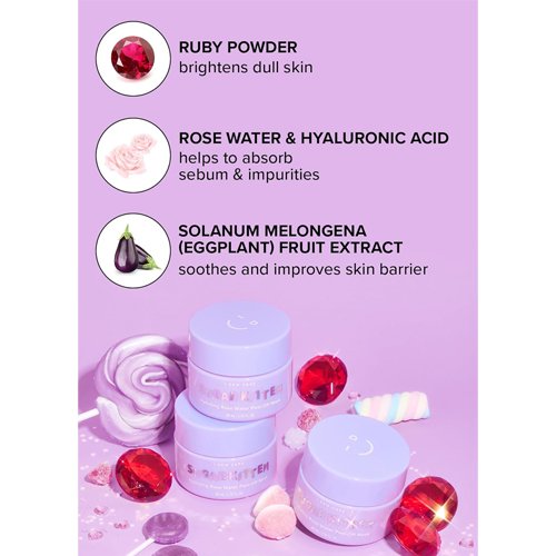 Infographic panel showing key ingredients: Ruby Powder, Rose Water, Hyaluronic Acid, and Eggplant Fruit Extract