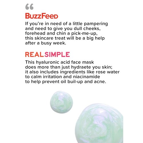 Press features from BuzzFeed and Real Simple highlighting the hydrating and soothing benefits of the mask
