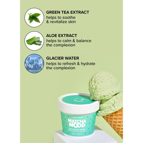 I DEW CARE Matcha Mood ingredient breakdown detailing Green Tea Extract, Aloe Extract, and Glacier Water benefits