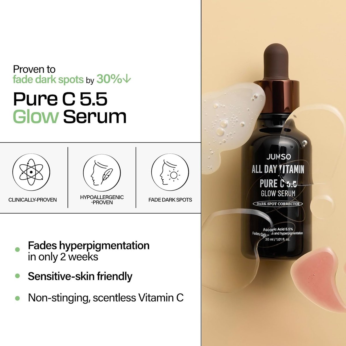 Jumiso All Day Pure C 5.5 Glow Serum product overview highlighting sensitive skin compatibility