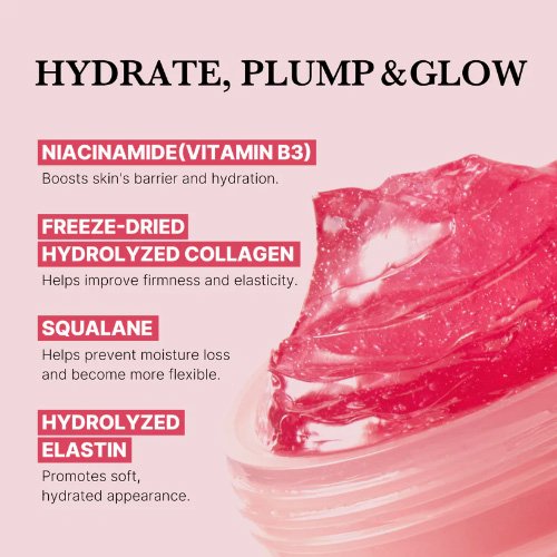 Infographic showing key ingredients including Niacinamide, Freeze-Dried Hydrolyzed Collagen, Squalane, and Hydrolyzed Elastin