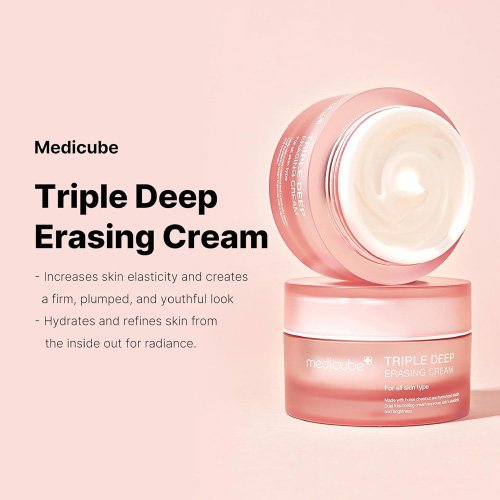 Medicube Triple Deep Erasing Cream feature panel showing skin elasticity and radiance benefits