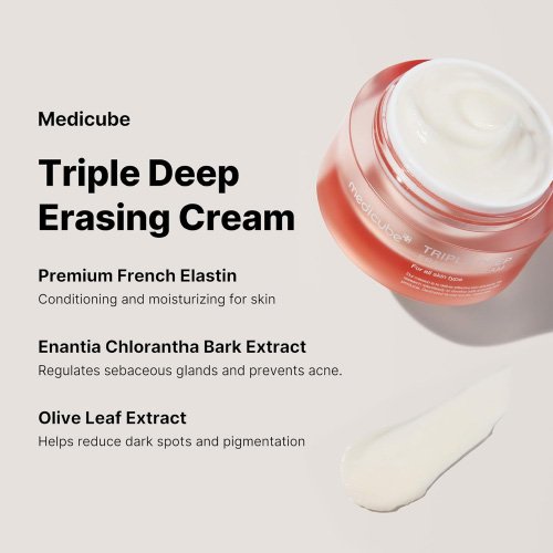 Medicube panel detailing French Elastin, Enantia Chlorantha Bark Extract, and Olive Leaf Extract benefits