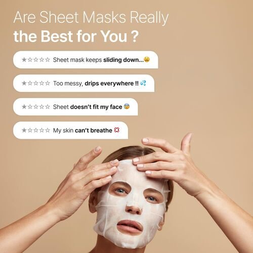 Infographic detailing common sheet mask complaints like sliding down, dripping mess, improper fit, and suffocated pores.