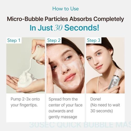Step-by-step instructions showing how to apply 2-3 pumps of MENOKIN micro-bubble mask onto fingertips and massage onto face.