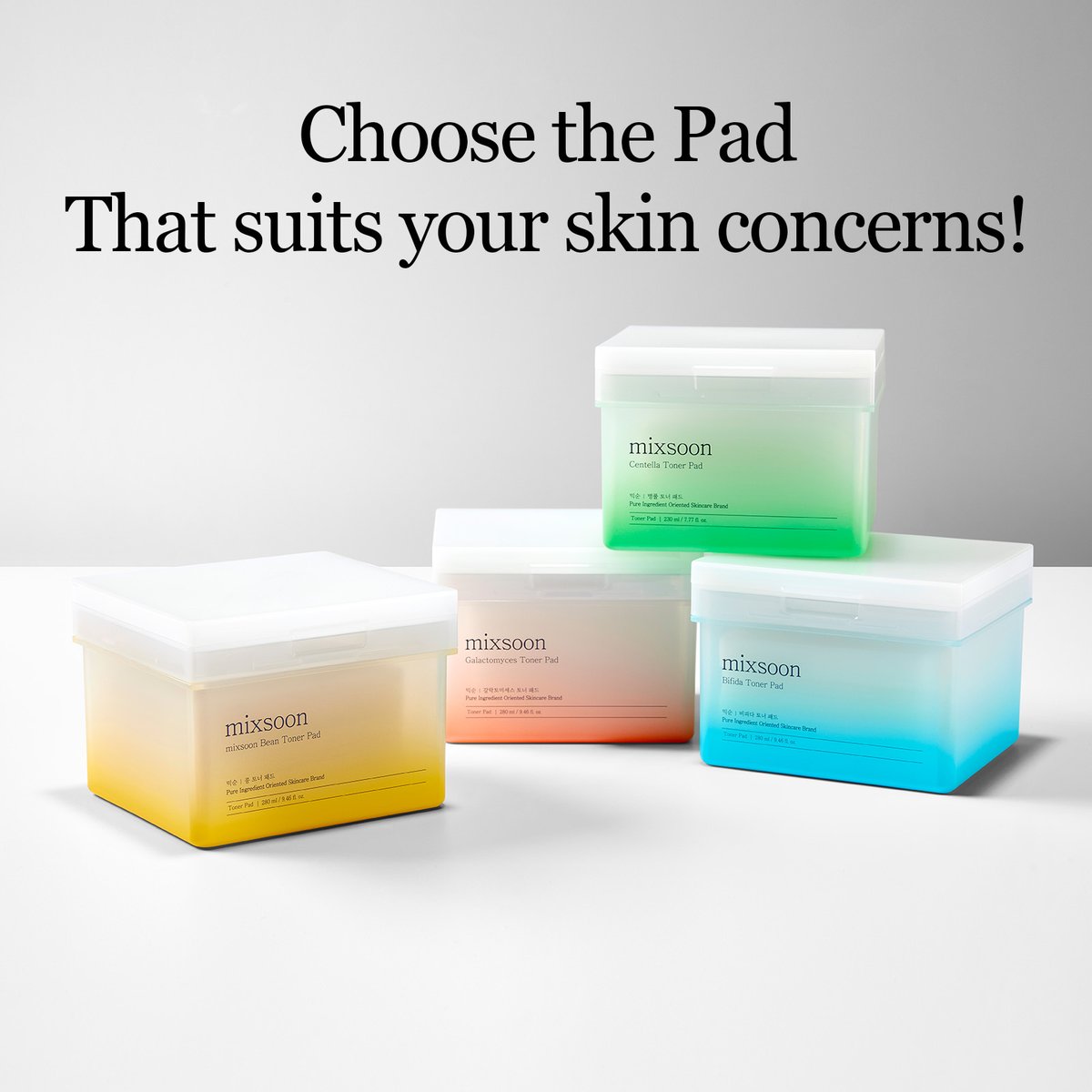 MIXSOON toner pad product line displaying Bean, Galactomyces, Centella, and Bifida variants