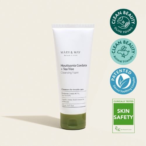 Mary and May Cleansing Foam packaging highlighting 40.7 percent Houttuynia Cordata and 6.8 percent Tea Tree