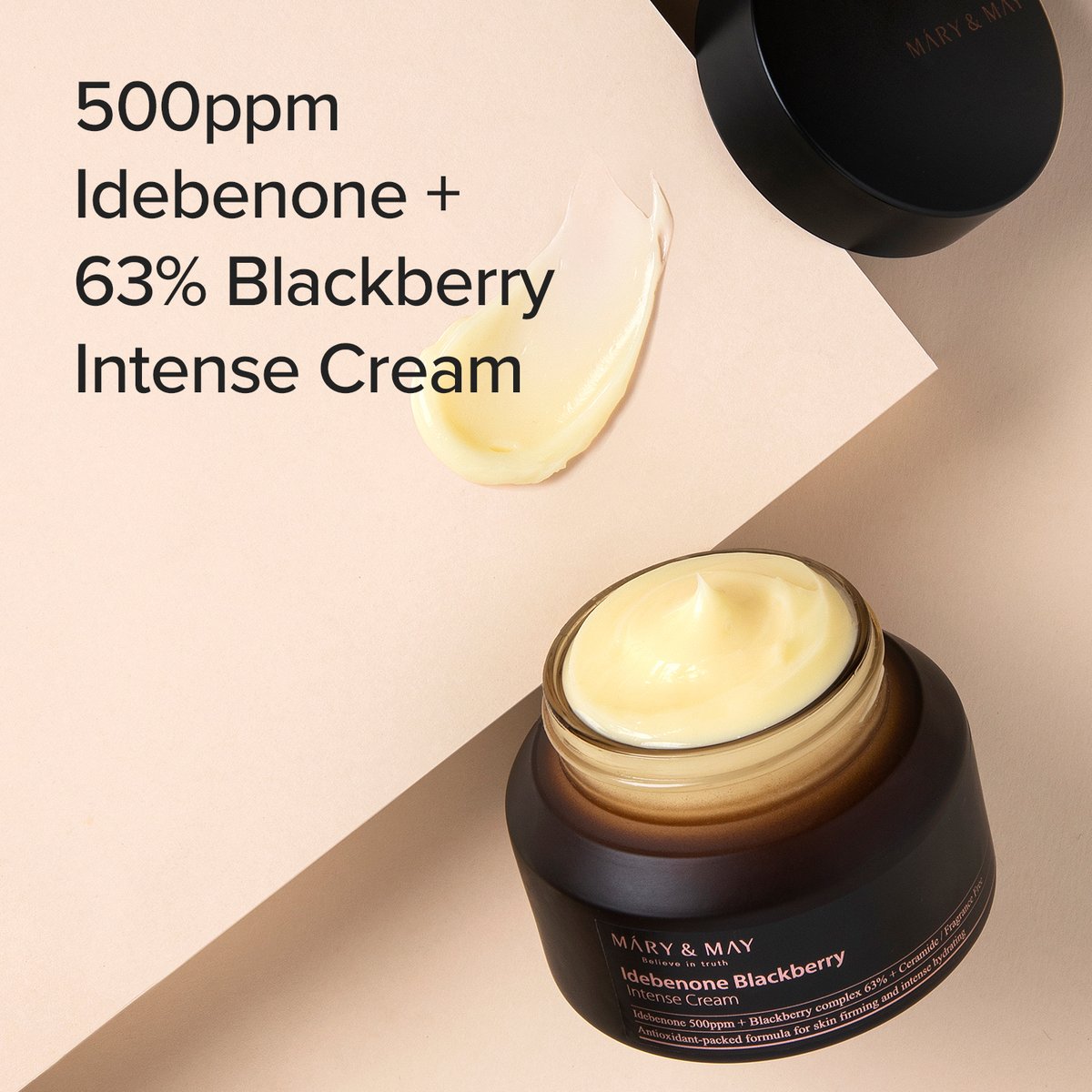 Mary&May Idebenone Blackberry Intense Cream packaging highlighting 500ppm Idebenone and 63% Blackberry complex