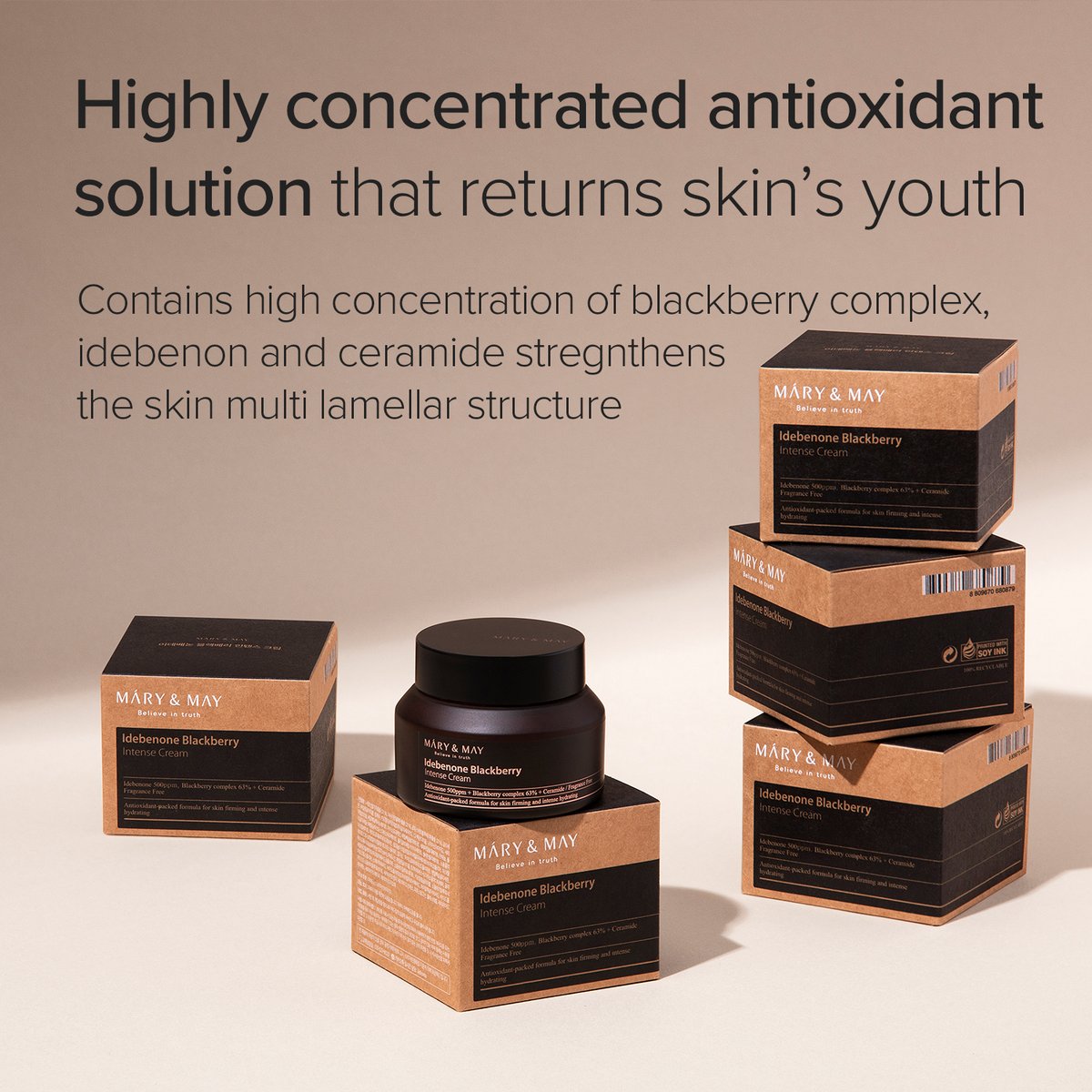 Details showing the antioxidant solution ingredients including Idebenone, Blackberry complex, and Ceramide