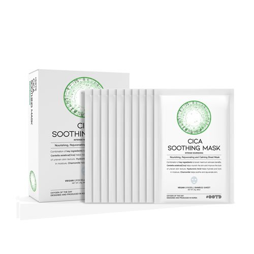 OOTD Beauty Cica Soothing Mask box detailing key ingredients Centella Asiatica, Hyaluronic Acid, and Chamomile