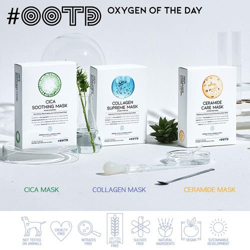 OOTD sheet mask range including Cica, Collagen, and Ceramide masks with vegan certifications