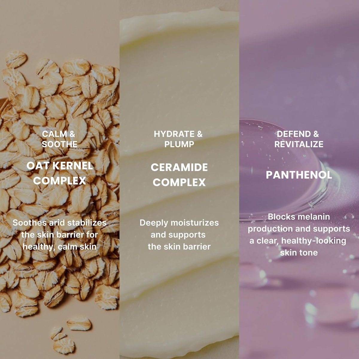 Ingredient panel showcasing Oat Kernel Complex, Ceramide Complex, and Panthenol benefits