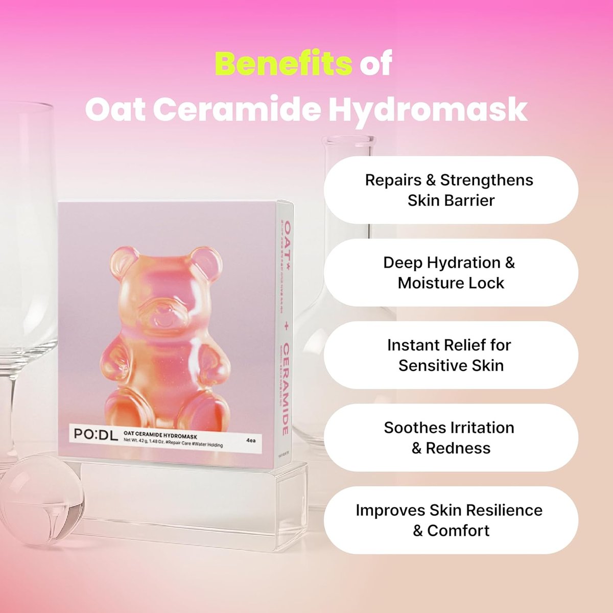 Key benefits panel highlighting skin barrier repair, deep hydration, and instant relief for sensitive skin