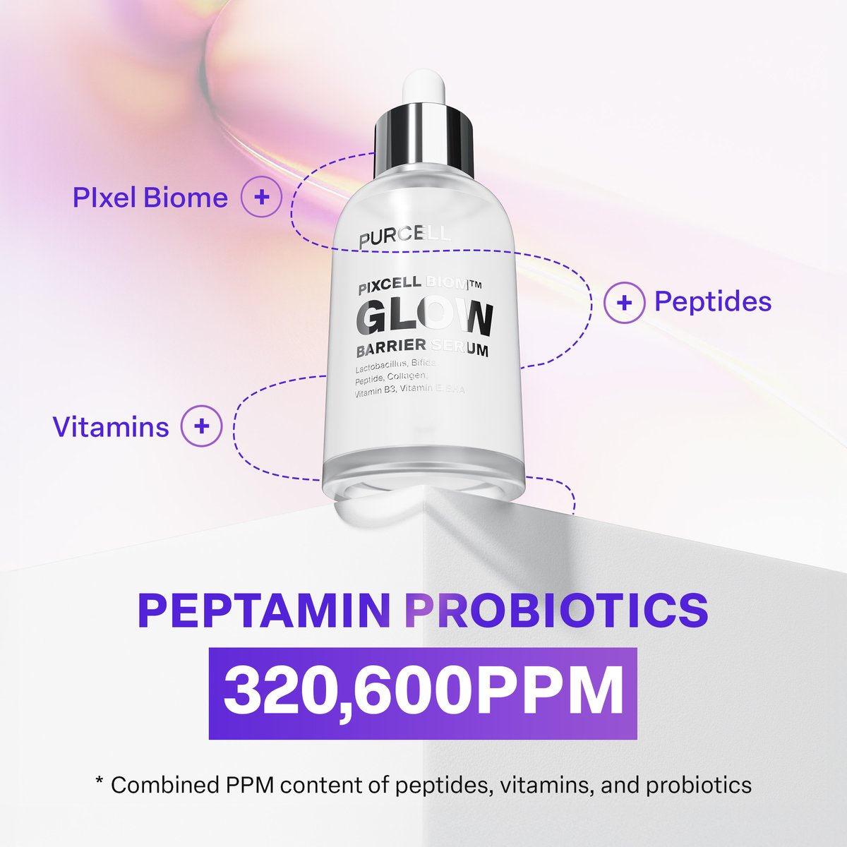 PURCELL Pixcell Biom Glow Barrier Serum breakdown showing 320,600 PPM Peptamin Probiotics blend