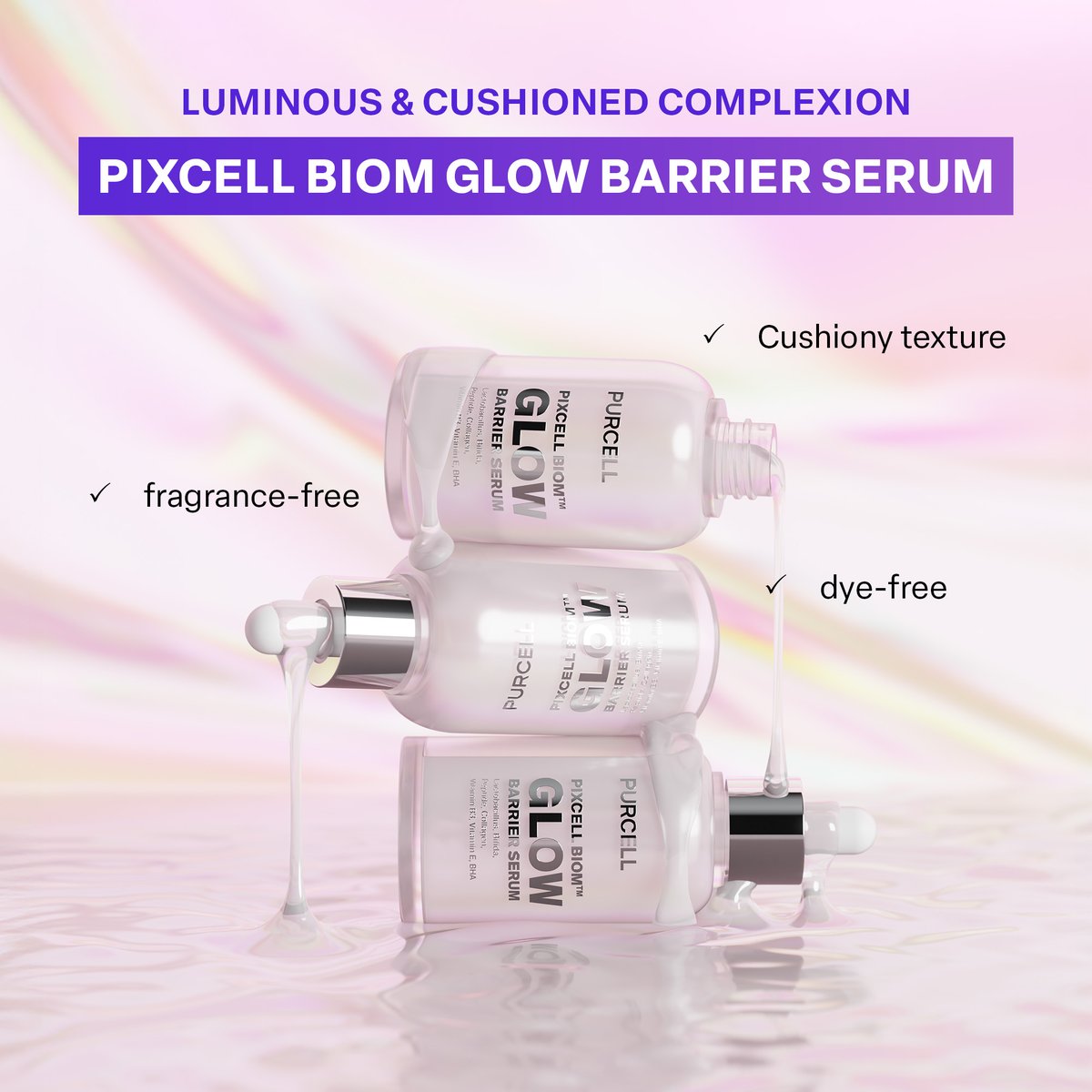 Product features graphic showing luminous complexion, cushiony texture, fragrance-free, and dye-free attributes