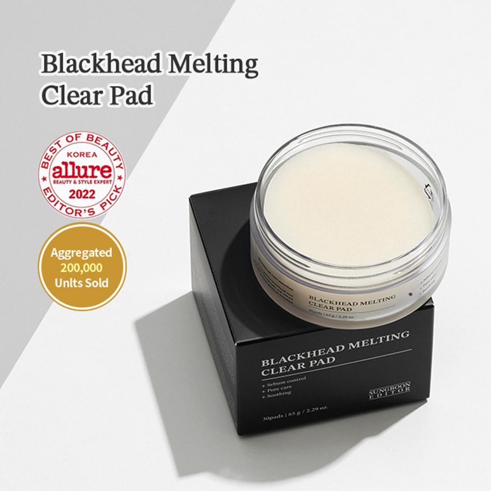SUNGBOON EDITOR Blackhead Melting Clear Pad product tub featuring award badge and benefit summary