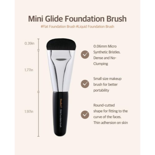 Studio17 Mini Glide Foundation Brush specs featuring 0.06mm micro synthetic bristles and round cut shape