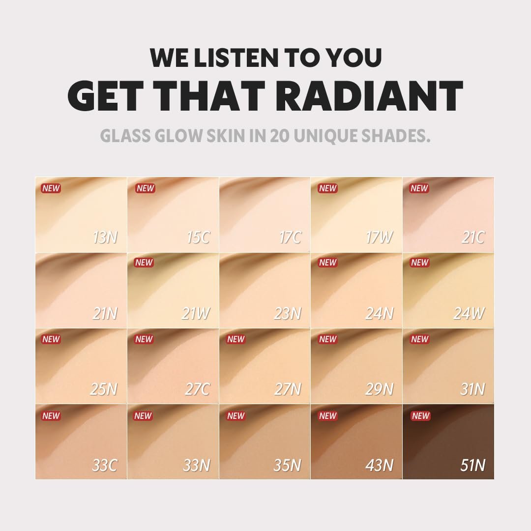 Shade guide displaying unique shades available for TIRTIR Mask Fit Aura Cushion