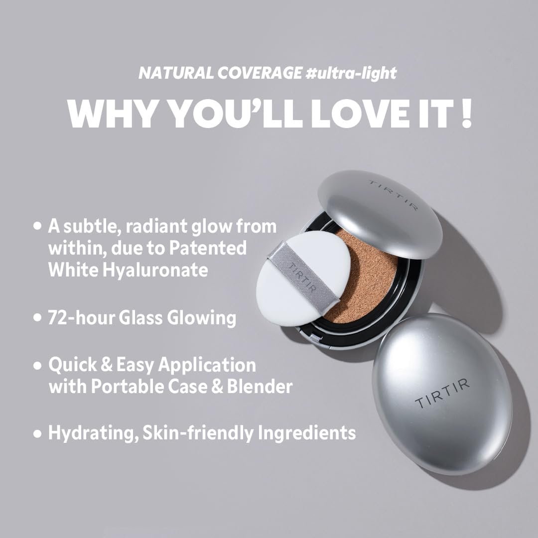 TIRTIR Mask Fit Aura Cushion product highlights panel detailing 72-hour glass glowing effect and Patented White Hyaluronate ingredient