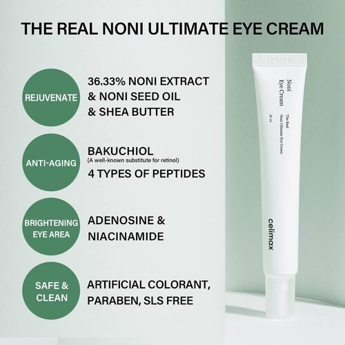 Key ingredients panel showing noni extract, noni seed oil, shea butter, bakuchiol, peptides, adenosine, and niacinamide