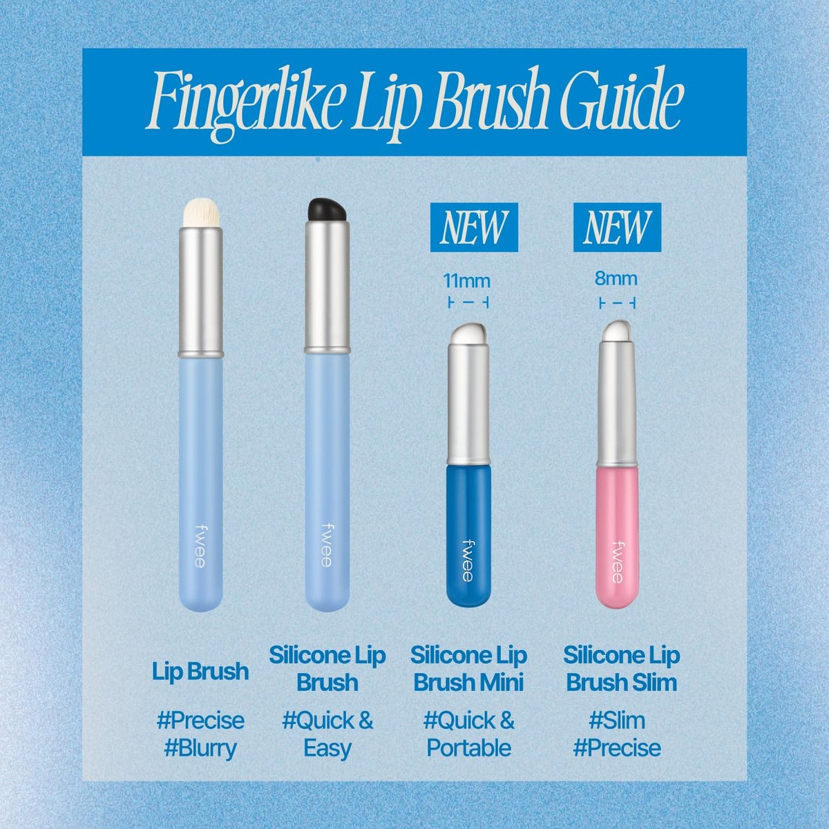 fwee Fingerlike Lip Brush Guide illustrating available types including Mini and Slim silicone brushes