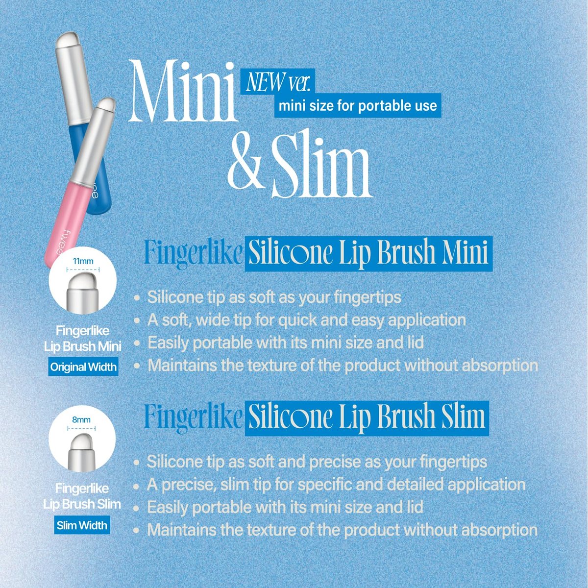 fwee Fingerlike Silicone Lip Brush Mini panel displaying the 11mm original width silicone tip features