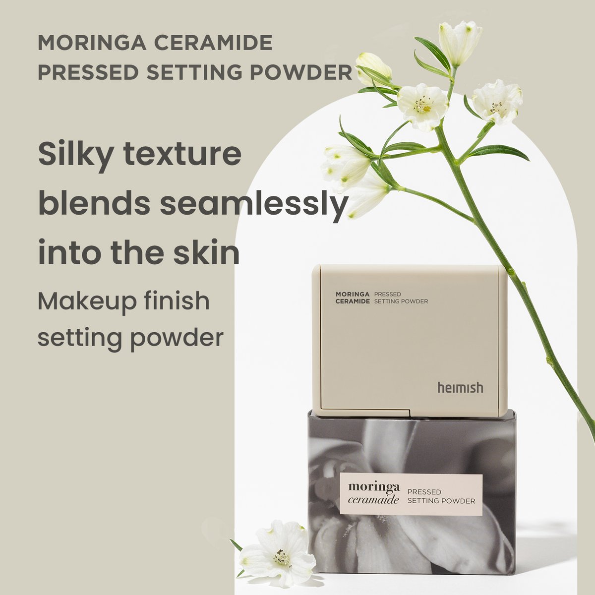 Heimish Moringa Ceramide Pressed Setting Powder compact showing silky texture claims
