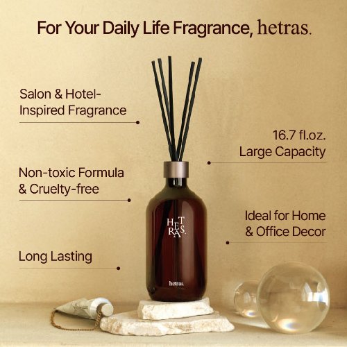 hetras Premium Diffuser features highlighting hotel-inspired fragrance, cruelty-free non-toxic formula, and large capacity