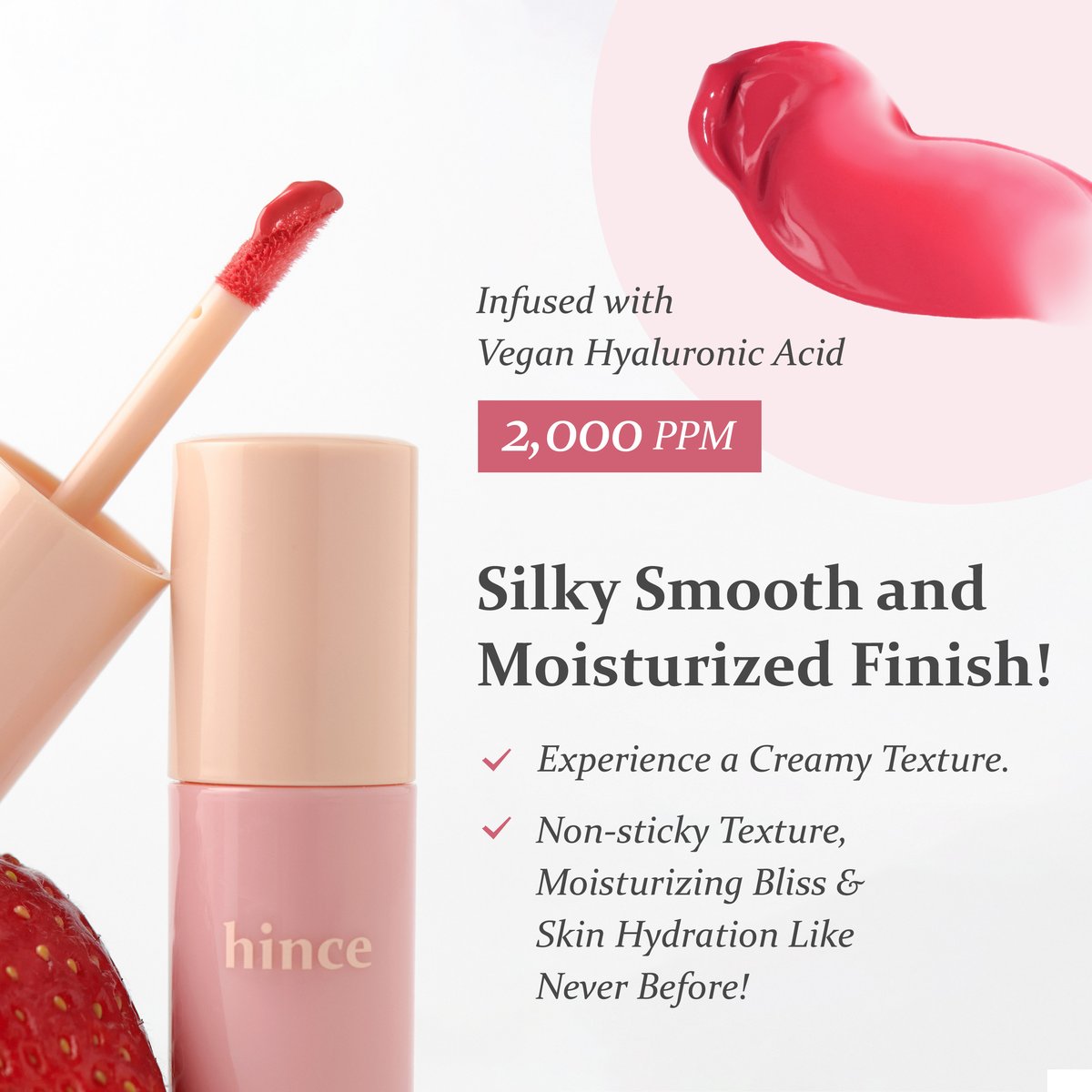 hince product panel detailing 2000 PPM Vegan Hyaluronic Acid and moisturizing non-sticky formula