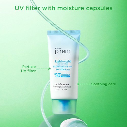 make p:rem UV defense me Watery Capsule Sun cream panel showing moisture capsules and particle UV filters