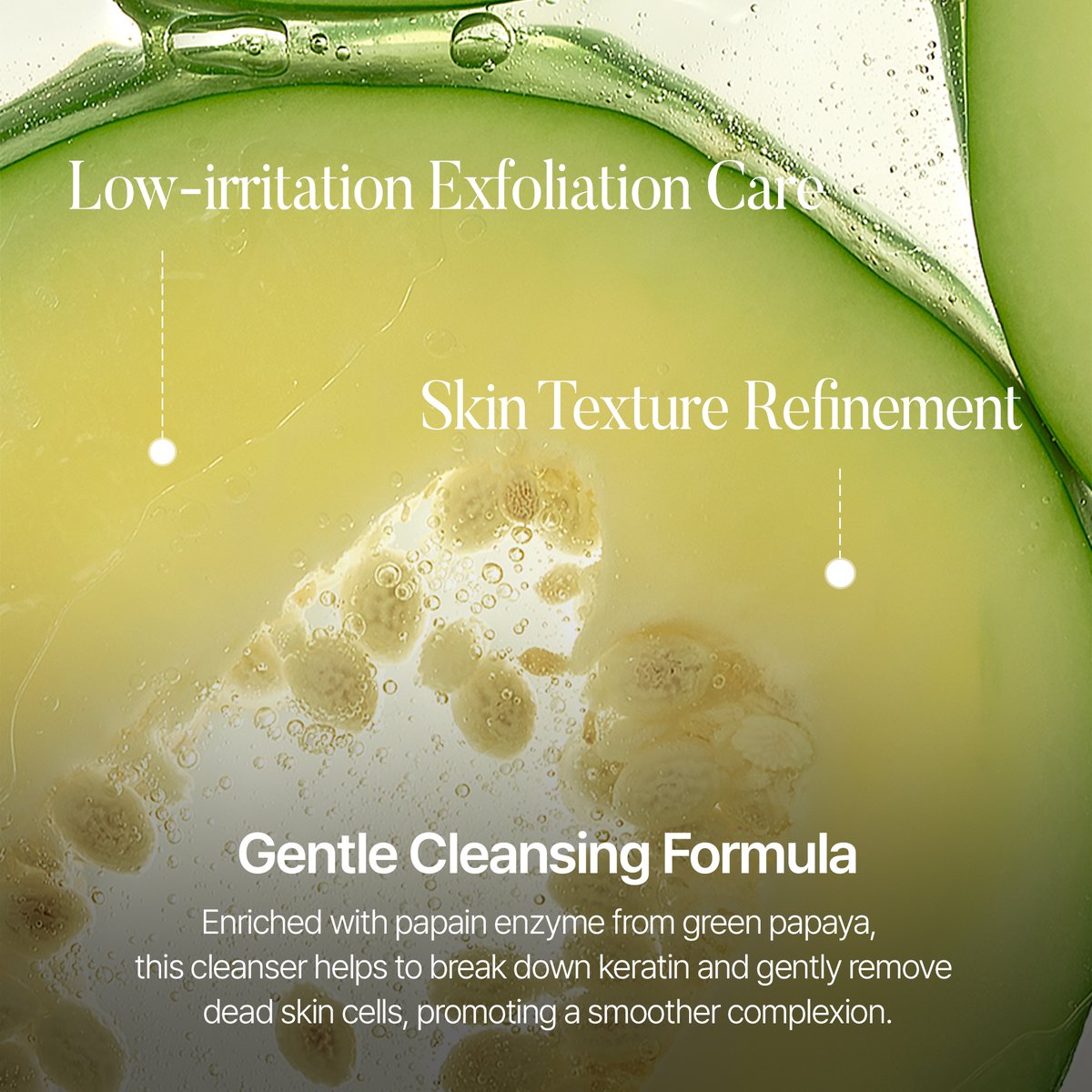 Infographic detailing low-irritation exfoliation care powered by papain enzyme from green papaya