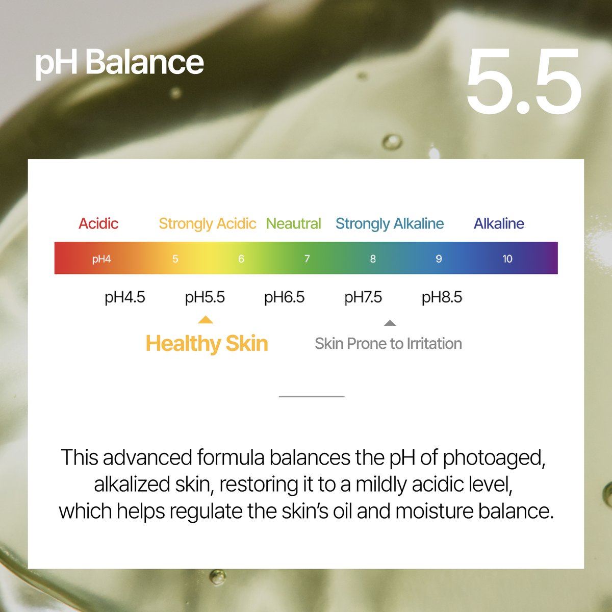 Diagram displaying optimal pH 5.5 acidic balance for photoaged and alkalized skin