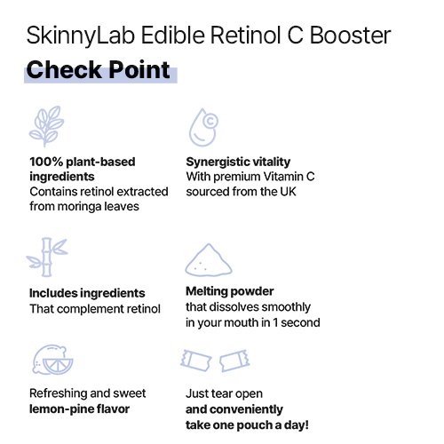 Check points panel highlighting plant based moringa retinol, UK Vitamin C, and melting powder texture